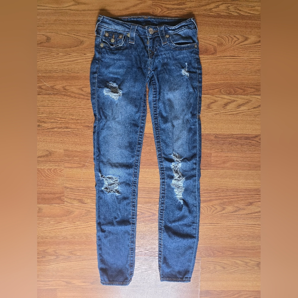 True Religion Dark Blue Distressed Skinny Jeans Sz 23